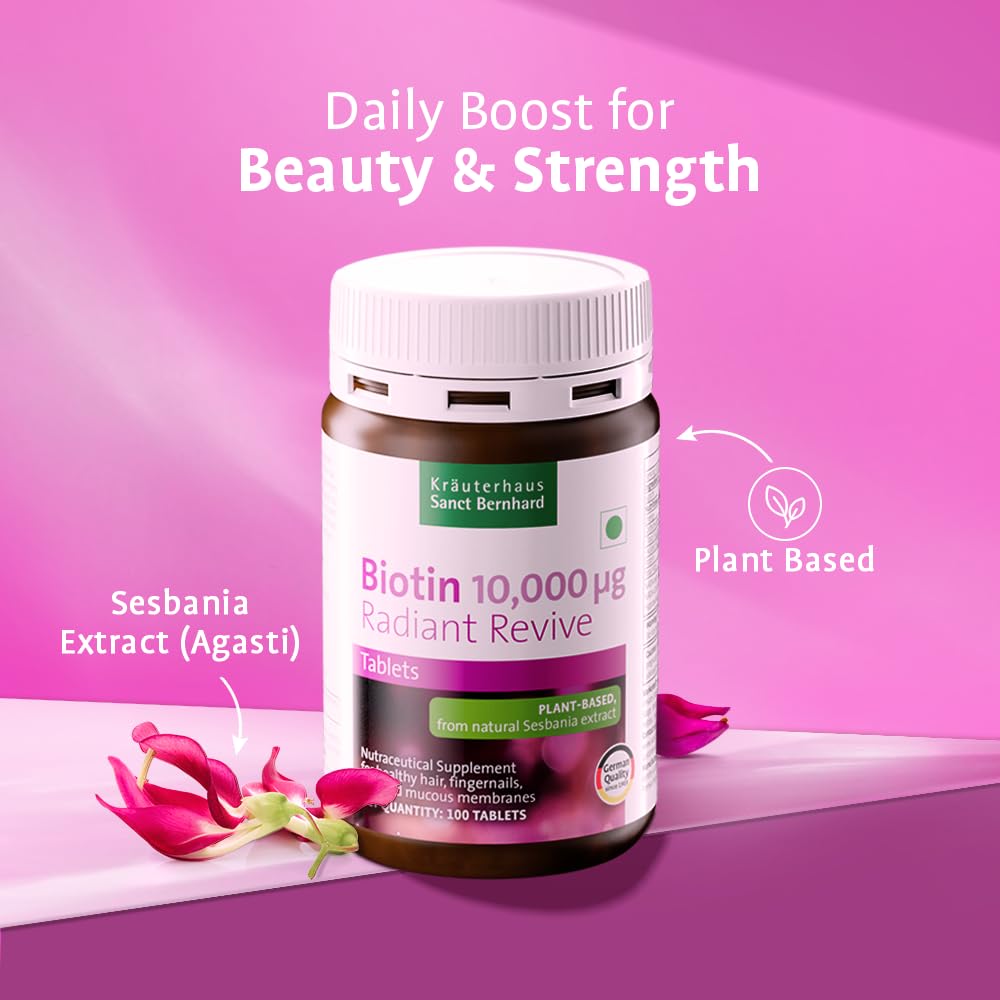 KrÃ¤uterhaus Sanct Bernhard Biotin Radiant Revive | Biotin 10,000mcg for Hair Growth & Hair Fall Control | Hair Supplement for Women & Men | Strong Nails, Healthy Skin | Easy to Swallow | 100 Tablets