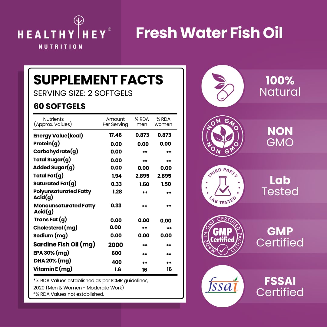 HealthyHey Nutrition Fresh Water Fish Oil - 2000 Mg/serving - 60 Softgel Capsules (600 EPA & 400 DHA)