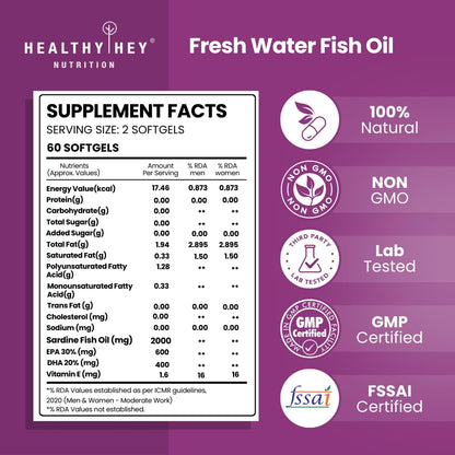 HealthyHey Nutrition Fresh Water Fish Oil - 2000 Mg/serving - 60 Softgel Capsules (600 EPA & 400 DHA)