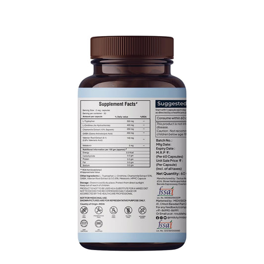 Miduty by Palak Notes Sleep Well Capsules - Melatonin - Promote Restful Sleep - Helps in Deep Sleep - Refreshing Night Rest- Pack of 60 Capsules