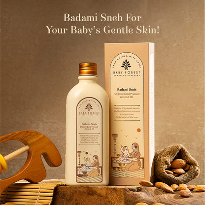 Baby Forest Badami Sneh Cold Pressed Almond Oil for Babies | Organic & Natural Baby Massage Oil for Skin, Hair & Body | Derma Safe, Non-Sticky, BPA-Free, Cruelty-Free | 200ml | Ayurvedic Baby Oil