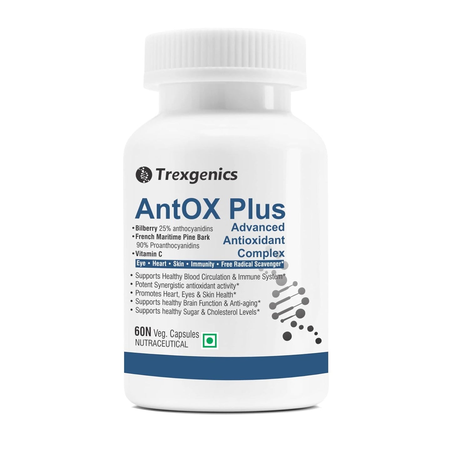 TrexgenicsÂ® ANTOX PLUS Bilberry 25% 200 mg, Pine bark 90% 200 mg & Vitamin C Advanced Antioxidant complex, Heart, Eyes, Skin, Immunity, Metabolism (60 Vcaps) (1)