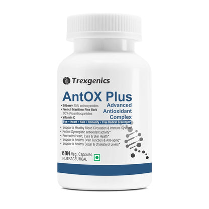 TrexgenicsÂ® ANTOX PLUS Bilberry 25% 200 mg, Pine bark 90% 200 mg & Vitamin C Advanced Antioxidant complex, Heart, Eyes, Skin, Immunity, Metabolism (60 Vcaps) (1)