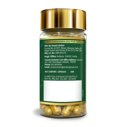 Zandu Ashwagandha Gold Plus Capsules | Upgrade your Ashwagandha with the goodness of Gold | Reduces Stress, Boosts Immunity & Stamina | 60 capsules I 11 Potent ingredients such as Gokshura, Safed Musali and more