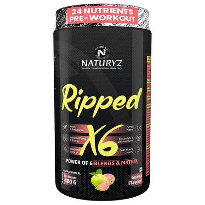 Naturyz Ripped X6 Pre Workout With Highest 24 Nutrients For Extreme Pump,Power,Endurance,Energy,Focus, For Fitness Enthusiasts,Athletes & Bodybuilders- 400 grams (Guava Flavour) - Powder, 1 count