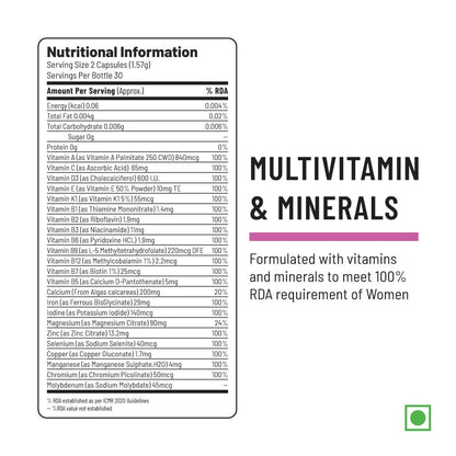 Unived Basics Multivitamin & Minerals For Women, 100% Rda Of All Vitamins With Algae Calcium & Plant-Based Vitamin D3 Plus Important Minerals, Complete Formulation For Health & Wellbeing - Capsule
