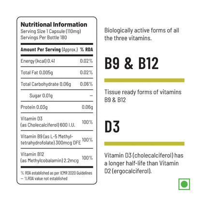 Unived B12+D3 | Methylcobalamin (98%), Methyltetrahydrofolate (5-MTHF), Vitamin D3 (Cholecalciferol) | Bone, Cognitive, Immune, & Cardiovascular Support | 180 Vegan Capsules