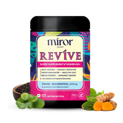 Miror Revive Anti-Aging & Womenâ€™s Daily Wellness Supplement with Resveratrol, Glutathione, Curcumin, Probiotics & CoQ10, Energy, Skin Glow, Gut Health & Immunity Support, Non-GMO, (30 Days Pack)