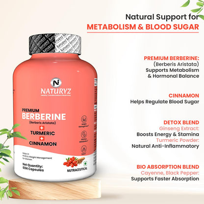 NATURYZ Premium Berberine + Cinnamon + Turmeric Weight Loss Supplement for Women | Supports PCOS & Hormonal Balance | Regulates Blood Sugar & Cravings | Plant-Based, Vegetarian â€“ 60 Capsules