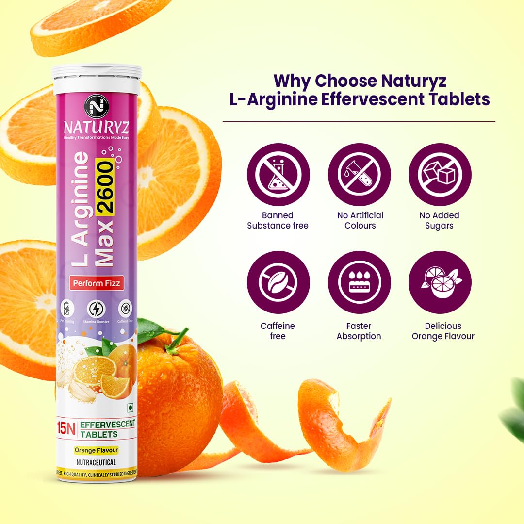 Naturyz L-Arginine Max 2600 Effervescent Tablets|Boosts Stamina|Increases Blood Flow|Improves Performance|Pre-workout Supplement (Orange Flavour), 1 count, 15 capsules