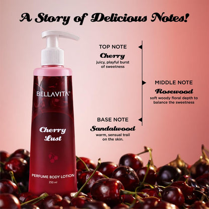 BELLAVITA Cherry Lust | Perfume Body Lotion for Man and Woman | Long-lasting Hydration | Soft & Smooth Skin | Long-lasting Scent | Paraben-free | Infused with Cocoa Butter & Glycerin | 250ml