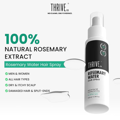 ThriveCo Rosemary Water Hair Spray | 100% Natural Rosemary Extract, Rice Water & Hyaluronic Acid | For Hair Growth & Hair Fall Control | Adds Shine & Conditions | Lightweight | For Men & Women, 100ml