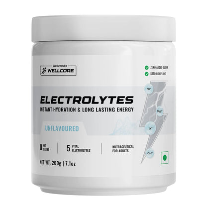 Wellcore - Electrolytes (Unflavoured, 200g)| Electrolyte Drink With 5 Vital Electrolytes: Na, Mg, Ca, K, PO4|Sugar Free Electrolyte Powder|Fat Fuel Powered Keto Electrolyte, 1 count, 57 Servings