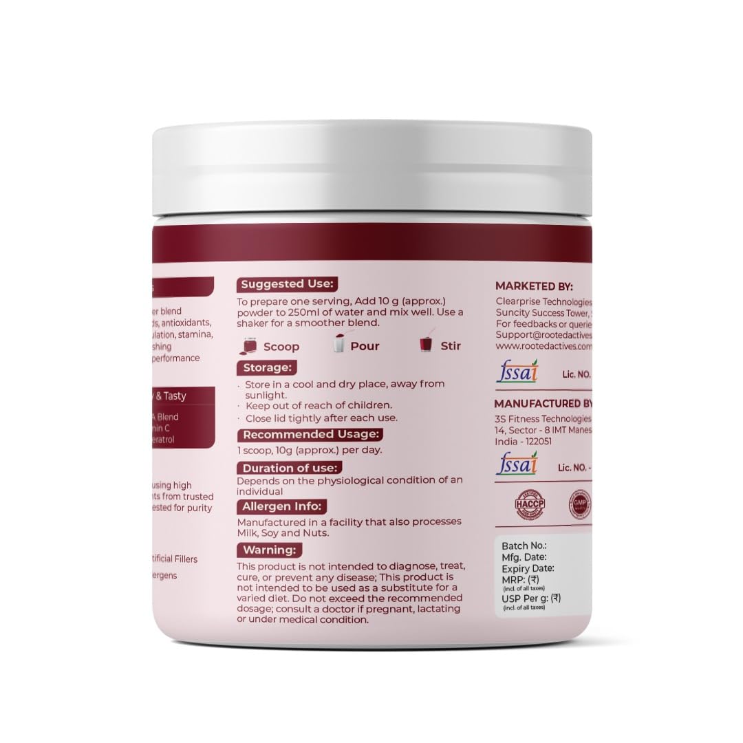 Rooted Actives Power Beets (250 grams) - Organic Beet root powder with L arginine,L Carnitine,BCAA,Reservatrol & Stevia|Heart,Endurance,Nitric oxide booster| Beets Powder Supplement & Pre Workout