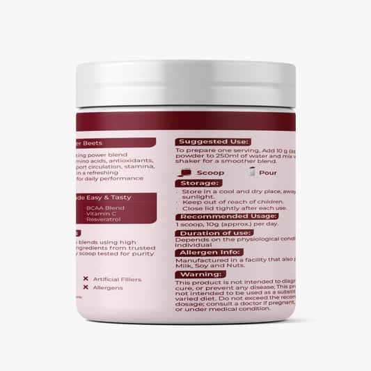 Rooted Actives Power Beets (250 grams) - Organic Beet root powder with L arginine,L Carnitine,BCAA,Reservatrol & Stevia|Heart,Endurance,Nitric oxide booster| Beets Powder Supplement & Pre Workout