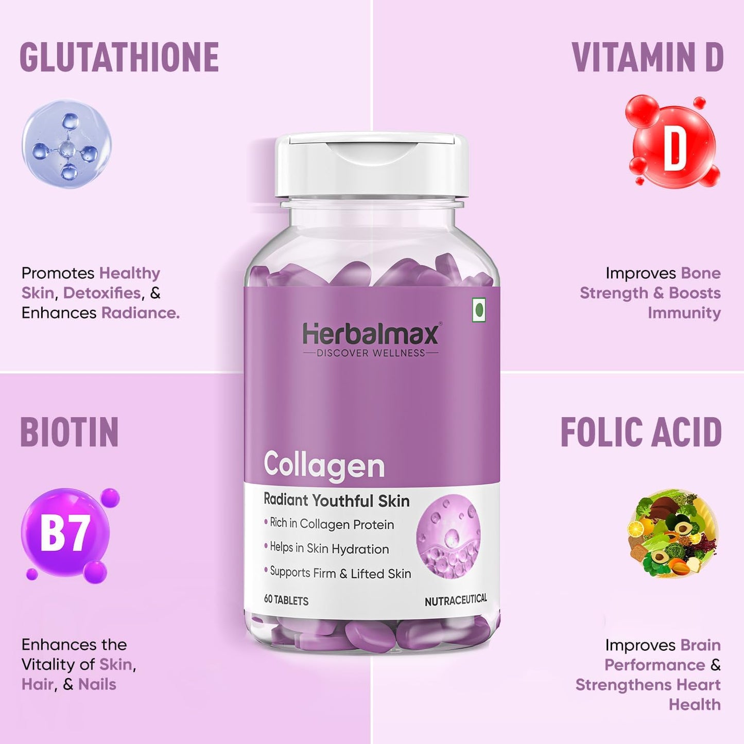 Herbalmax Veg Collagen Supplement Tablets â€“ 60N | 800mg Type 1, 2 & 3 Collagen | For Glow Skin, Hair, Nails, Joints & Bone Support | Enriched with Biotin & L-Glutathione