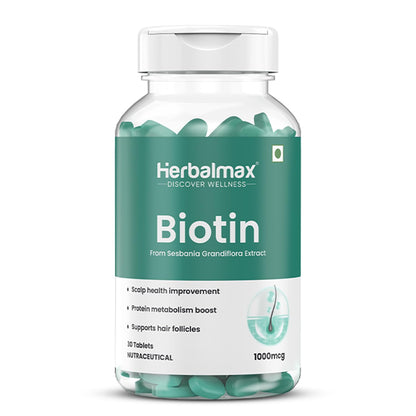 Herbalmax Biotin Tablets for Hair Growth | 10000 mcg Biotin Tablet with Sesbania Grandiflora Extract â€“ Hair Strength & Vitamin B7 Hair Care for Men & Women | 30 Veg Tablets