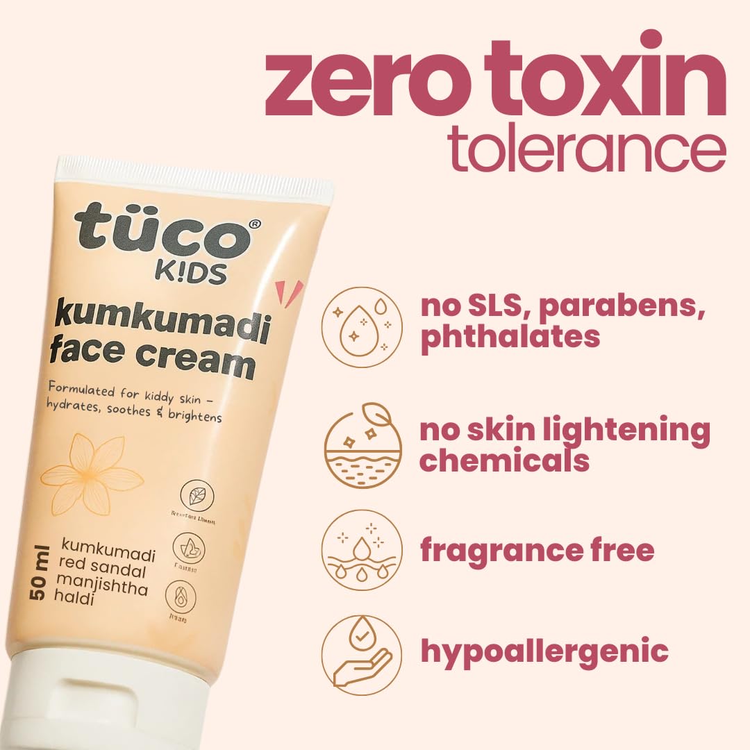 TucoÂ® Kids Kumkumadi Face Cream | Lightweight, Non Greasy & Fast Absorbing | Infused with Kumkumadi, Red Sandal Majistha & Turmeric | Fights Tan, Brighten Skin & Reduce Dull Spots | SLS & Paraben Free | Safe for Baby-50gm
