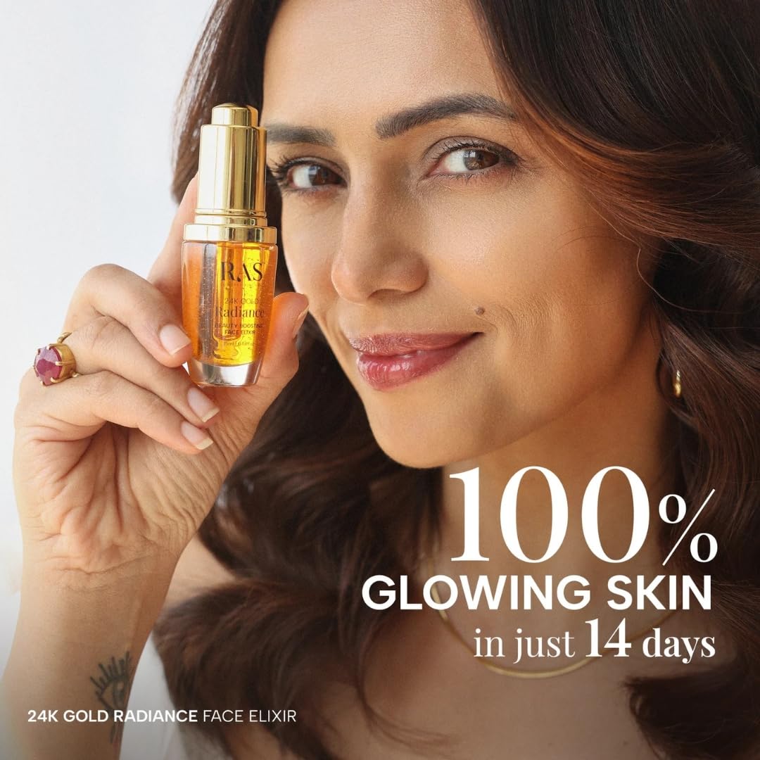 RAS Luxury Oils 24K Gold Radiance Elixir Face Serum for Glowing Skin, Skin Brightening, Reduce Wrinkles, Acne, Dark Spots, Natural & Organic
