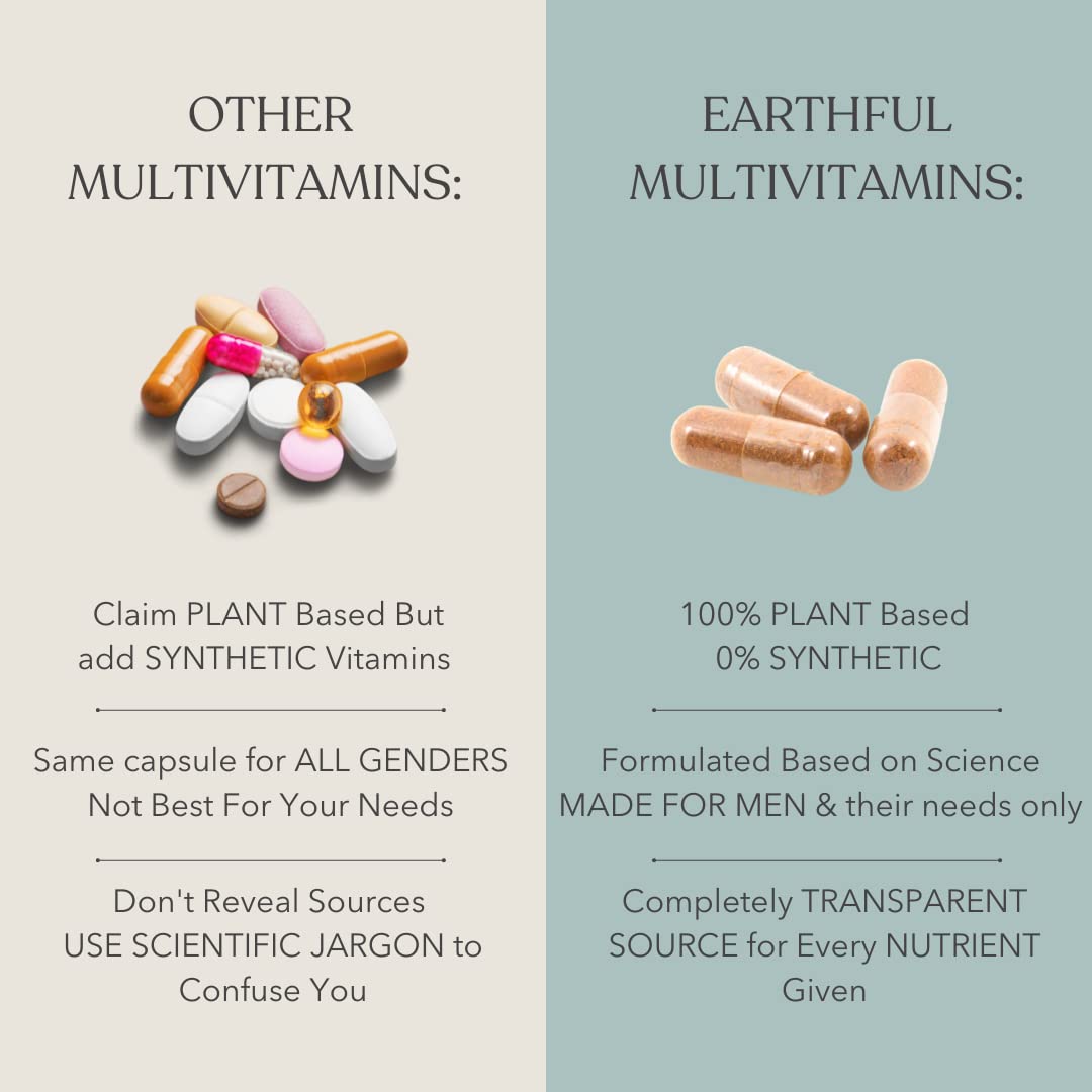 Earthful Multivitamin for Men | 100% Plant, Non-Synthetic | With Biotin, Iron, Zinc, Vitamin A, C, D3, K2 for Immunity, Hair, Skin & Bones - 60 Capsules