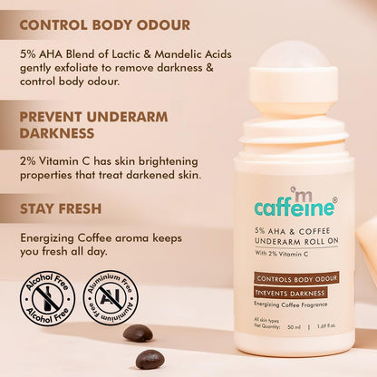 mcaffeine 5% Aha Underarm Roll On With Coffee,5% Lactic Acid&Mandelic Acid|48H Body Odour Control|Prevents Dark Underarms&Pigmentation,Kills Bacteria|Alcohol&Aluminum Free For Men&Women-50Ml,1 Count