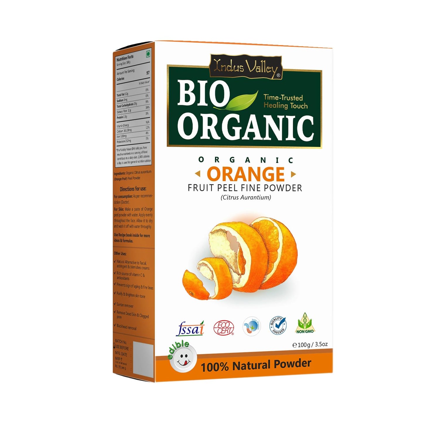 Indus Valley Bio Organic Orange Peel Fine Powder, Pure Natural & Organic for Skin Lightening Face Pack, Vitamin C and Antioxidants Add Glow - 100g