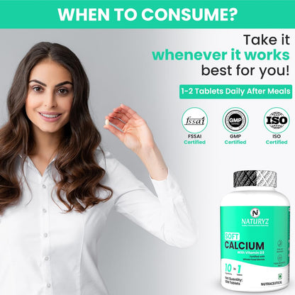 Naturyz Soft Calcium with Plant Vitamin D3 | Highest 10 Nutrients | Easy to Digest | Zinc | Magnesium | Fortified with Whole foods | Faster Absorption Triple Blend | Ideal Supplement for Bone Health & Joint Support - 90 Tablets