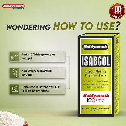 Baidyanath Isabgol - Psyllium Husk Powder - 100gm | Effectively Relieves Constipation | Fibre Supplement For Digestion