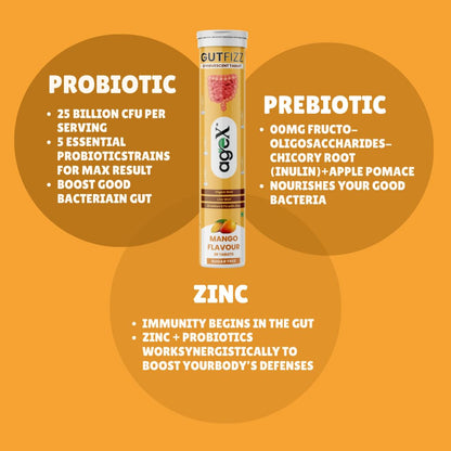Gutfizz Probiotic 20 Effervescent Tablets | Gut Health Supplements with Limosilactobacillus | Sugar Free, 25 Billion CFU with Zinc | Digestive Enzymes Tablets | Mango Flavour (Pack of 1)
