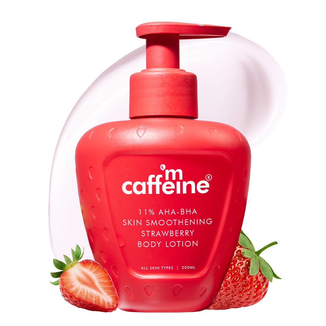 mCaffeine 11% AHA BHA Strawberry Body Lotion for Skin Smoothening | Gently Exfoliates Dead, Dry, Even Tones Skin | 72hr Moisturization | Juicy Strawberry Scent, For Men & Women-200ml