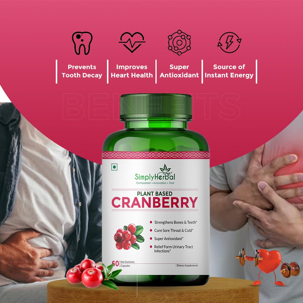 Simply Herbal D Mannose Cranberry Capsules 800 MG Supplement With Powerful Probiotics & Anti-oxidants Promotes Urinary Tract Health, Strong Bones & Teeth For Women & Men (60 Capsules)