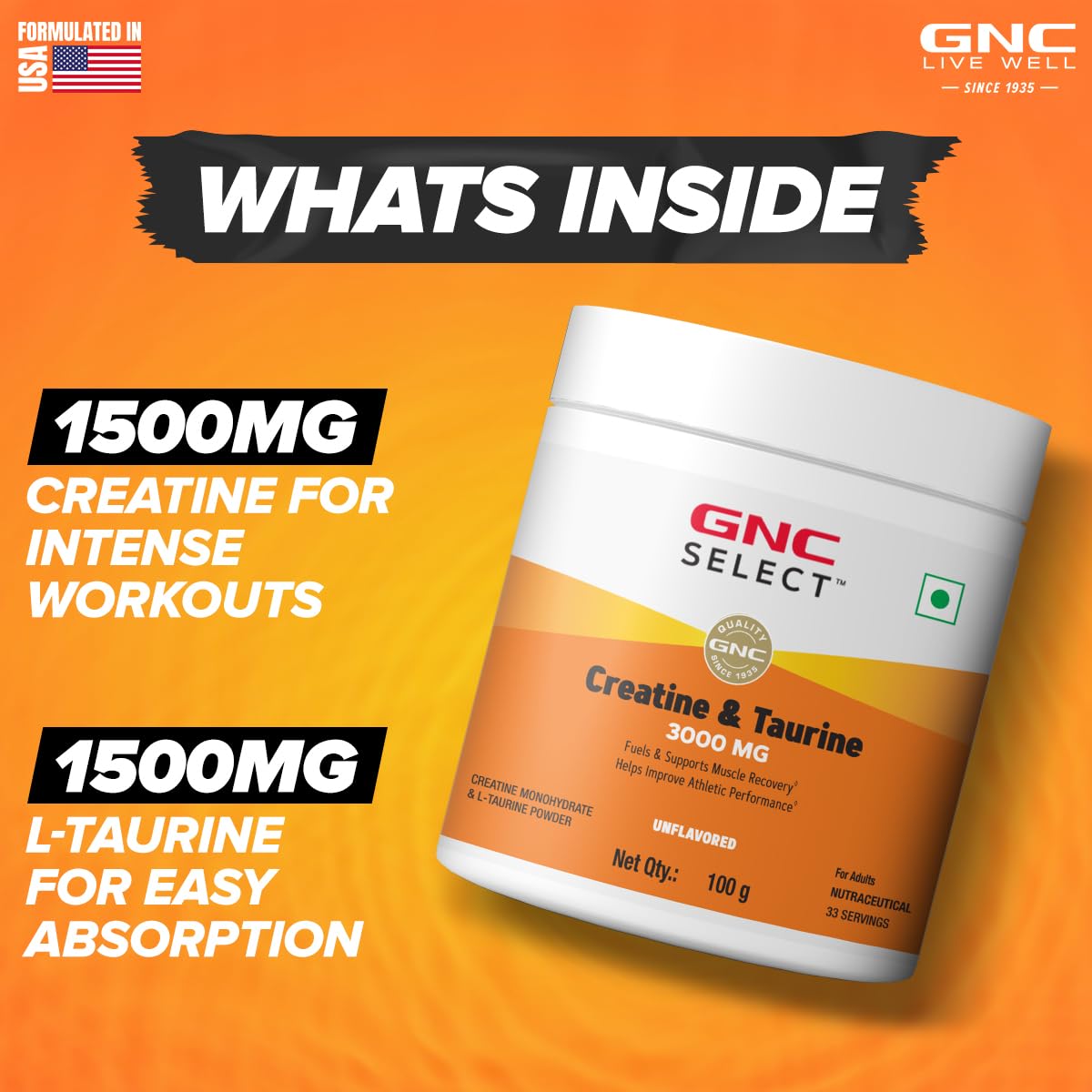 GNC Pure Micronized Creatine Monohydrate + Taurine | 100 gm | 33 Serving | Unflavoured | Instantized | Fuels Muscles | Increase Muscle Mass | Rapid Absorption | Faster Muscle Building| Lab Tested | Faster Muscle Recovery| Boost Performance | Imported