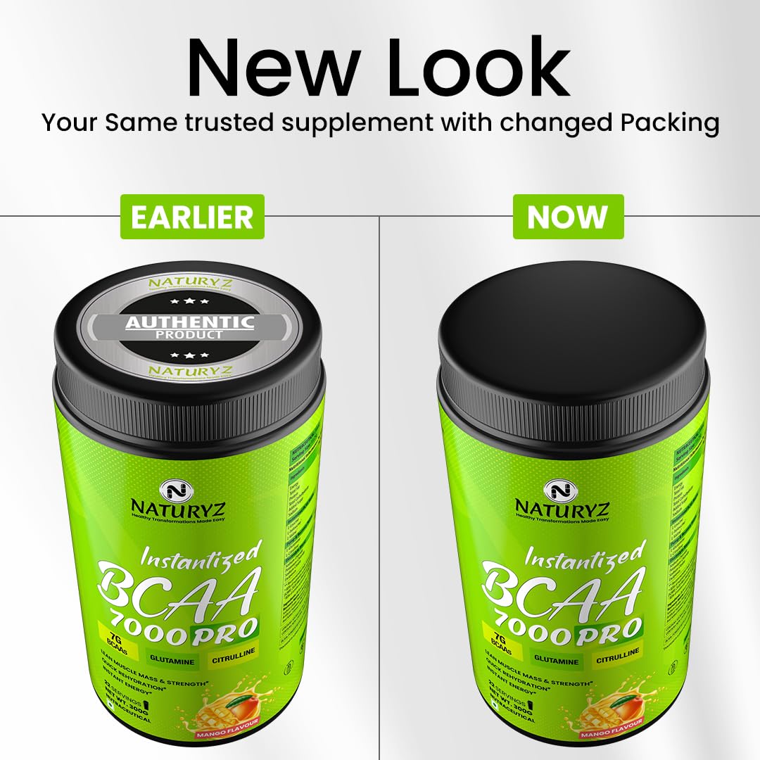 NATURYZ Instantized BCAA 7000 PRO |7G Vegan BCAAs | Glutamine | Citrulline | Electrolytes | 0 Added Sugar | Powerful Pre/Post & Intra Workout Amino for Lean Muscle Growth, Strength, Quick Re-Hydration & Instant Energy - 300g(Mango)