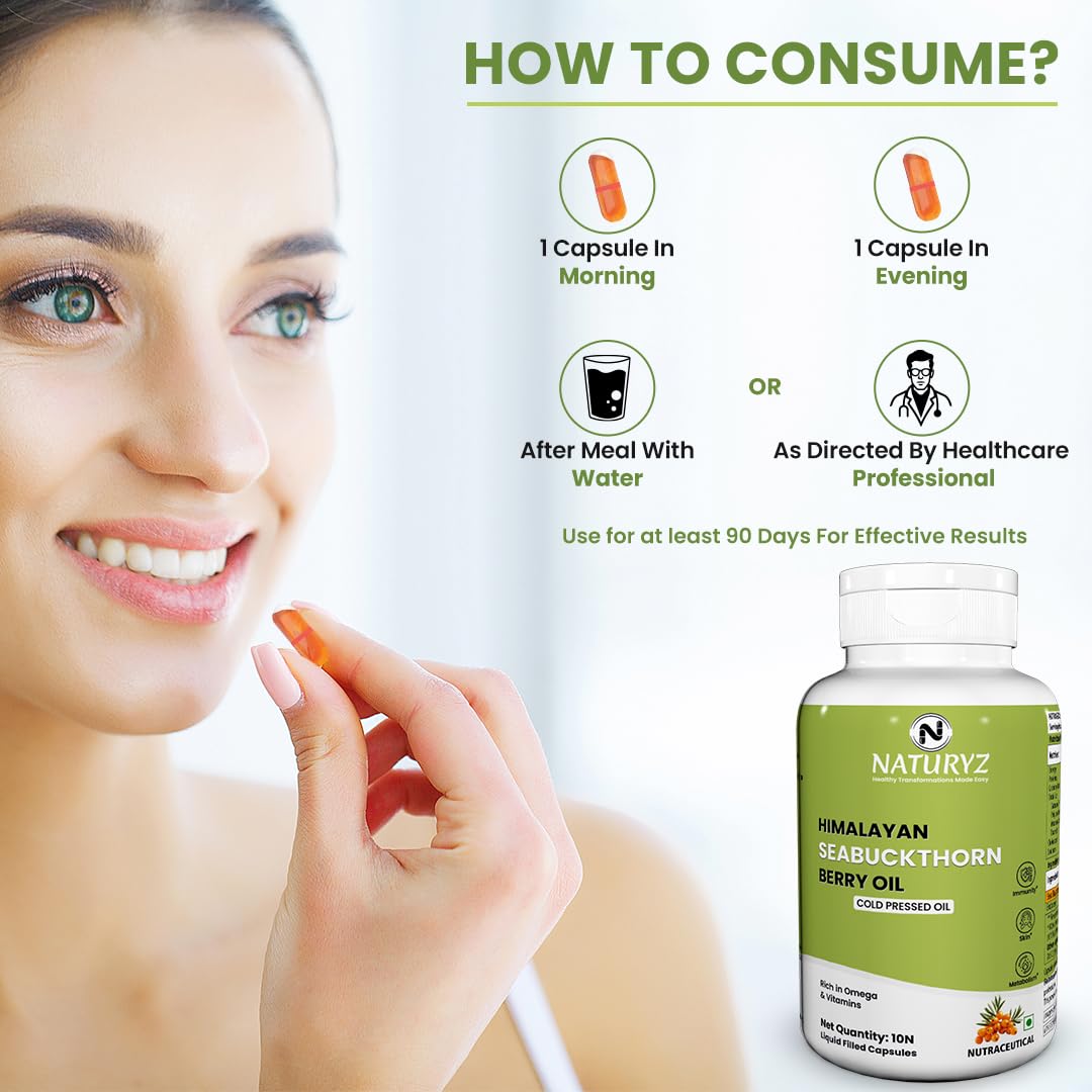 NATURYZ Himalayan Sea Buckthorn Berry Oil Triple Strength 1120mg | Cold-Pressed Vegetarian Omega 7 + Omega 3-6-9 | Skin Glow, Immunity & Gut Health Supplement | High Absorption | Non-GMOâ€“ 10 Liquid Fill Capsules