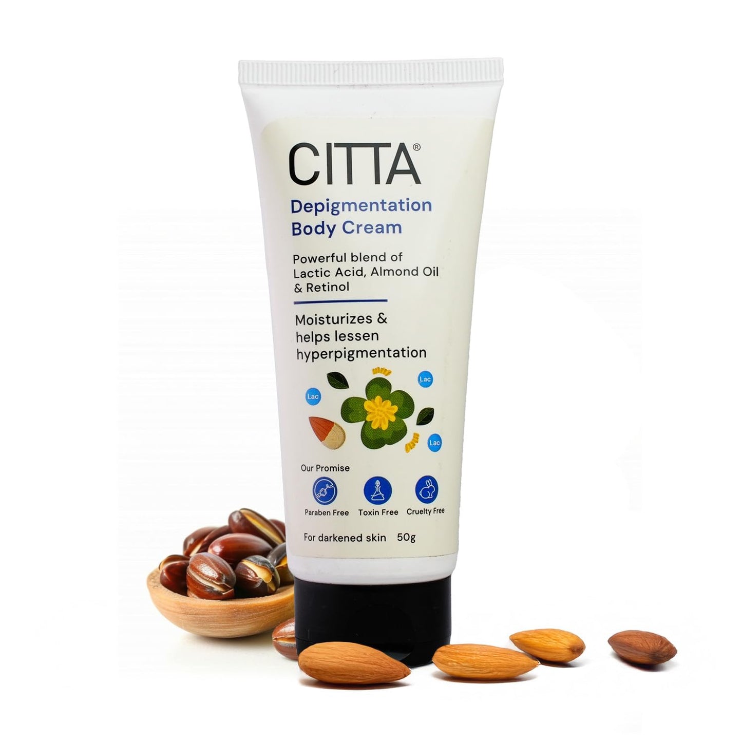 CITTA Depigmentation Body Cream with Retinol, Lactic Acid & Almond Oil â€“ Reduces Tan, Pigmentation & Evens Skin Tone â€“ Treats Dark Patches on Elbows, Knees, Neck & Thighs â€“ For Men & Women â€“ 50g