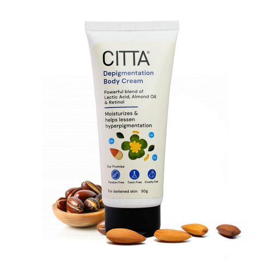 CITTA Depigmentation Body Cream with Retinol, Lactic Acid & Almond Oil â€“ Reduces Tan, Pigmentation & Evens Skin Tone â€“ Treats Dark Patches on Elbows, Knees, Neck & Thighs â€“ For Men & Women â€“ 50g