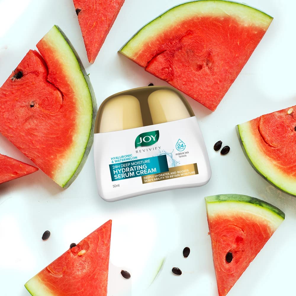 Joy Revivify Hyaluronic & Watermelon 24H Deep Moisture Hydrating Serum Cream | Deep Moisturizing Cream | Silky Smooth Feel | Vitamin A, C, E & B6 | Cocoa Butter â€“ 50 ml