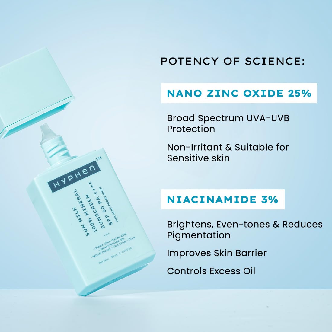 Hyphen Sun Milk Mineral Sunscreen SPF 50 PA++++ with 25% Nano Zinc Oxide | UV & Blue Light Protection | Water Resistant Korean Sunscreen for Sensitive, Oily & Acne Prone Skin | 50ml