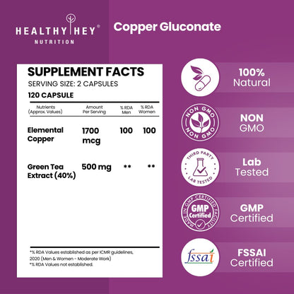 HealthyHey Nutrition Chelated Copper Gluconate - Highly Bioavailable Form - Non-GMO, Gluten Free -120 Veg. Capsules