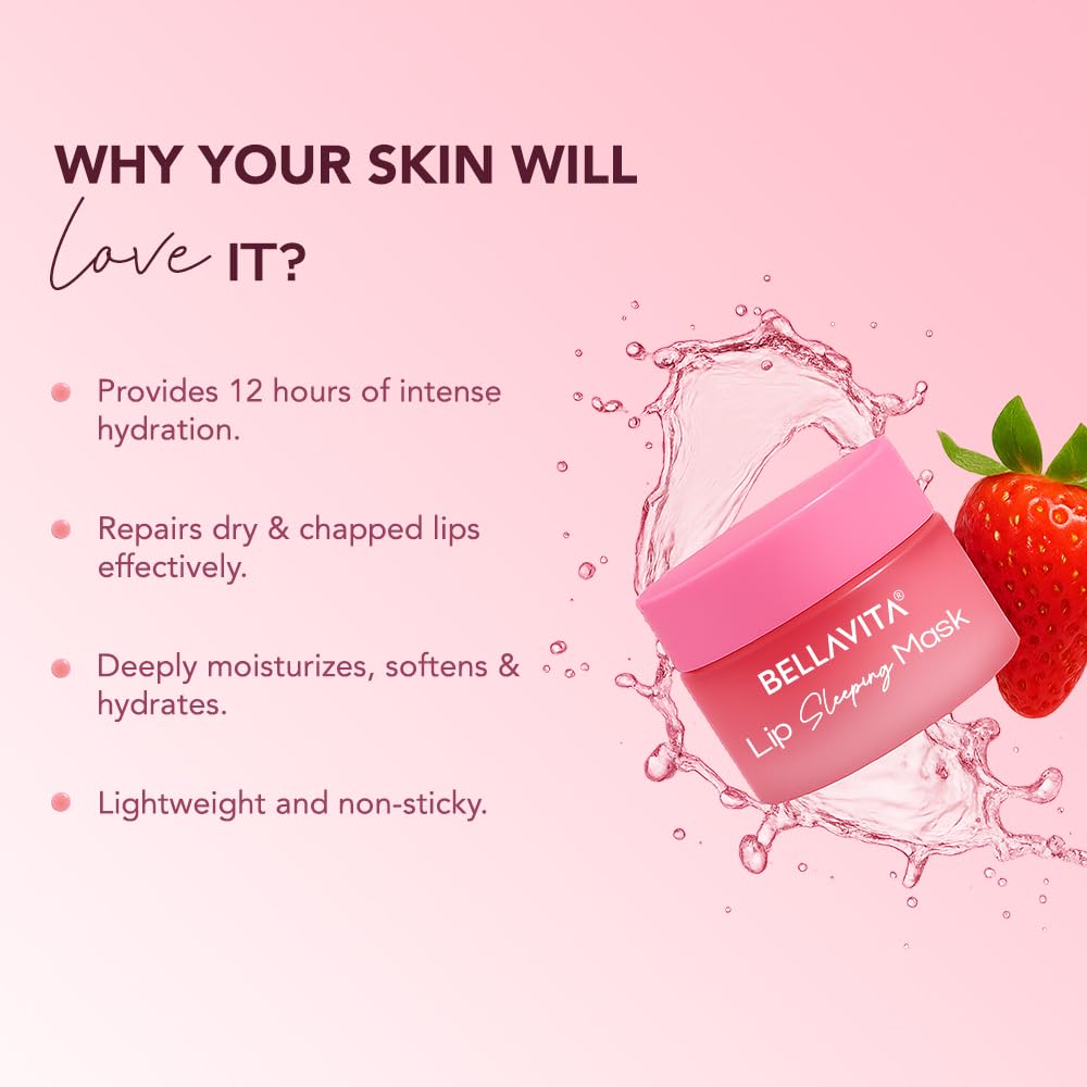 Bellavita Lip Sleeping Mask For Smooth, Soft & Plump Lips | 12hrs of Intense Hydration | Repairs Dry & Chapped Lips | Prevents Pigmentation | Soothes Dryness | Strawberry - 9.8g