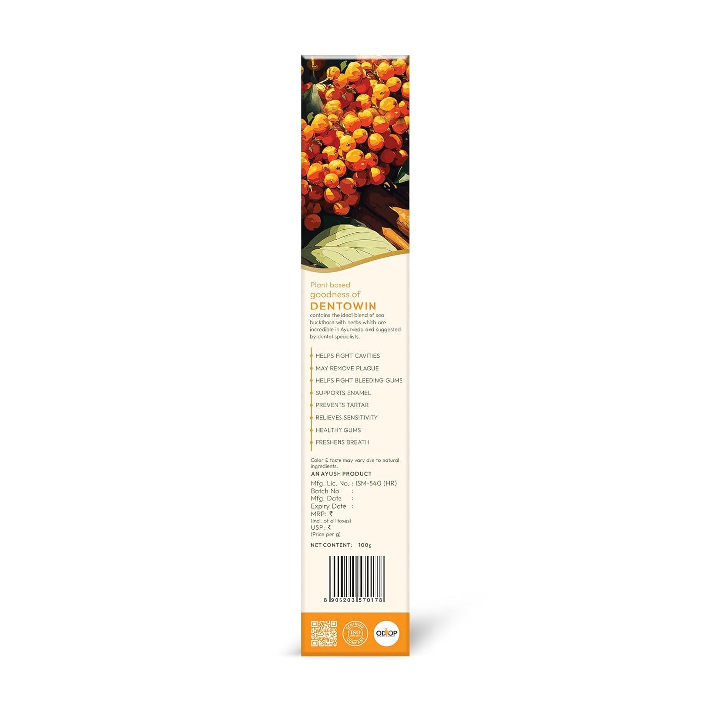 Wellwith by Ayuzera DentoWin Ayurvedic Herbal Gum Care Toothpaste with Himalayan Sea Buckthorn Berry, Tulsi & Neem, Teeth Whitening - Natural Formula, No Fluoride(100gm, Pack of 1)