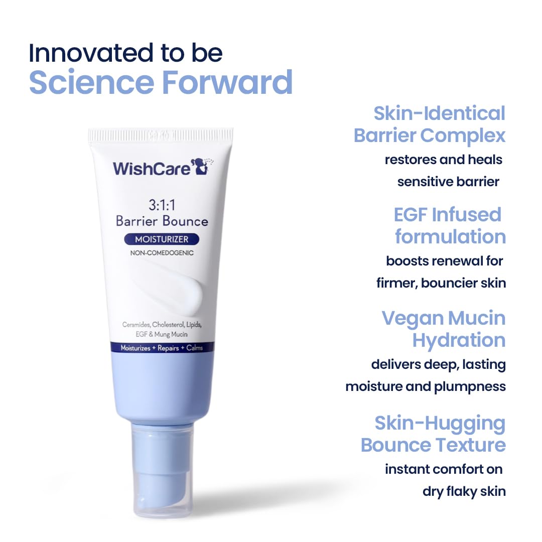 WishCare 3:1:1 Barrier Bounce Moisturizer Cream for Face | Barrier Repair Moisturizer With Ceramides, EGF & Mung Mucin | Repairs Skin Barrier, Calms & Soothes | For Dry Skin, Oily & Combination Skin | For Men and Women | 50ml