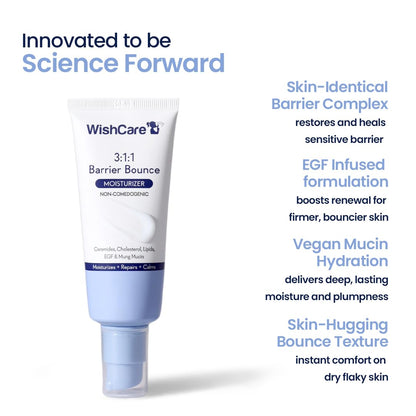 WishCare 3:1:1 Barrier Bounce Moisturizer Cream for Face | Barrier Repair Moisturizer With Ceramides, EGF & Mung Mucin | Repairs Skin Barrier, Calms & Soothes | For Dry Skin, Oily & Combination Skin | For Men and Women | 50ml