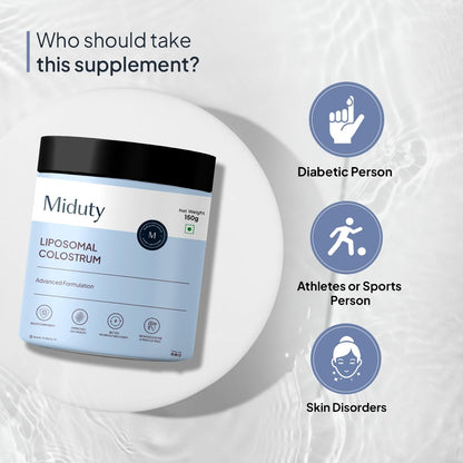 Miduty by Palak Notes Liposomal Colostrum - Increase bone and muscle mass - Probiotic Supplement for Gut Health - Muscle Growth - Boosts Immunity - Better Workout recovery - Colostrum Powder - 150 gm