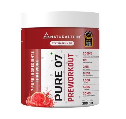NATURALTEIN PURE 07 Natural Pre-Workout (Watermelon Flavour) 300 Grams | 200 mg Natural Caffeine | 8 G Citrulline Malate | Clean Energy & Endurance | No Artificial Sweeteners & Preservatives,Powder