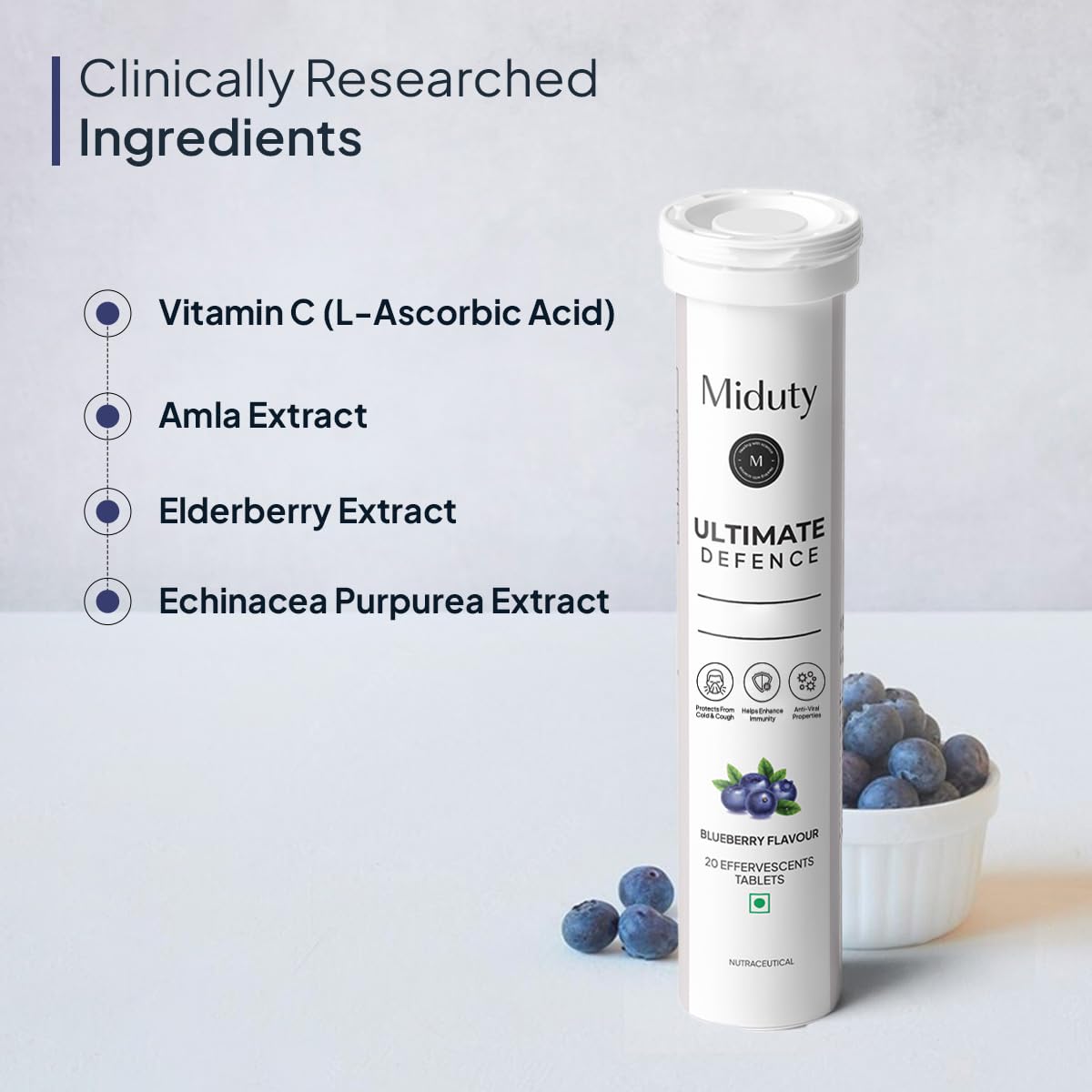 Miduty By Palak Notes Ultimate Defence - Amla Extract - Vitamin C - Wheatgrass - Immune Support Booster - Blueberry flavour - 20 effervescent tablets
