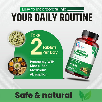 Organic Moringa Tablet with 1200mg Leaves Extract | Powder Tablets for Immunity, Digestion & Energy | Organic Leaves 120 Tablets