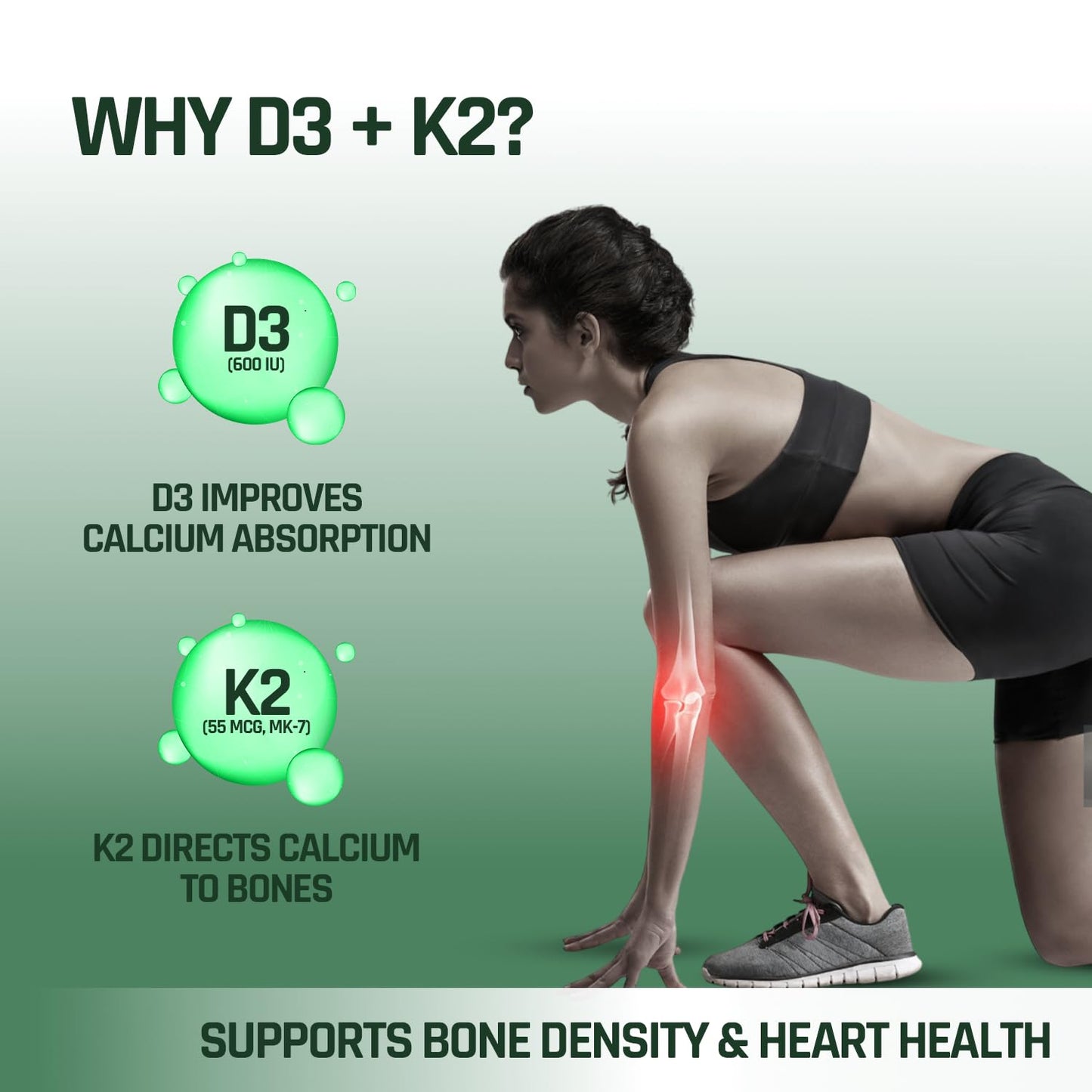 NATURALTEIN Vitamin D3 + K2 Supplement | 600 IU Plant-Based D3 & 55 mcg MK-7 K2 | 60 Unflavoured Tablets for Bone, Muscle & Calcium Support