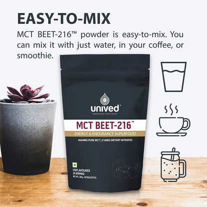 Unived MCT Beet-216 | Energy & Endurance Superfood | Pure MCT 4.6g 70/30 C8:C10 & 216mg Dietary Nitrates | Vegan & Keto Friendly | 200g