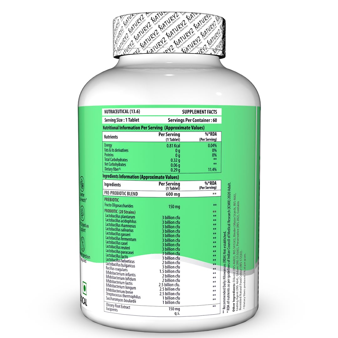 NATURYZ Triple Strength Probiotic 50 Billion CFU with Pre-Probiotic 600mg | Chicory Root | 22 Nutrients for Gut Health | Supports Digestion, Constipation, Gas & Bloating | No Refrigeration | 60 Tablets